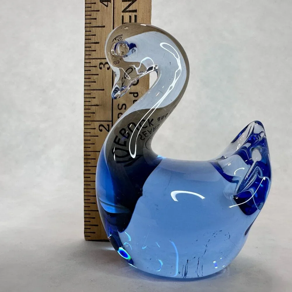Swan Figurine Paperweight Hand Blown Art Glass Vintage Cobalt Blue 3 X 3.5 Decor